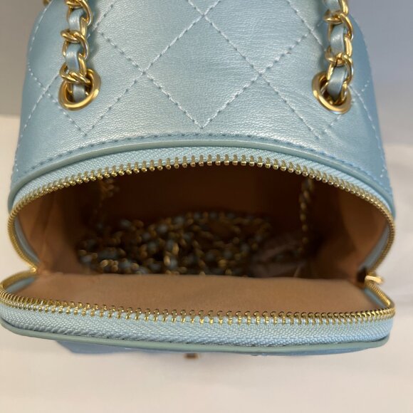 Quilted Puffer Backpack in Shiny Sky / Baby Blue W/ Gold Rope Straps - NWT - Picture 7 of 8